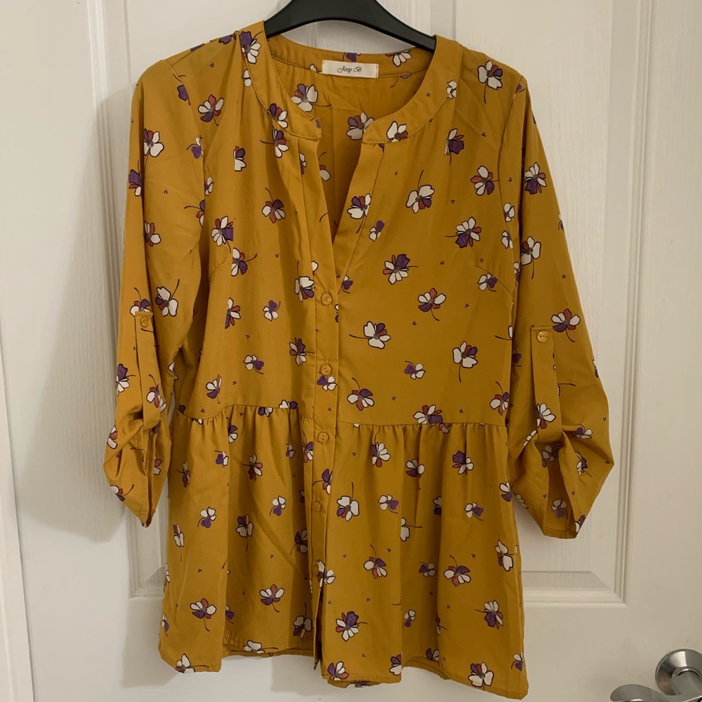 ModCloth Jessy B Mustard Floral Peplum Blouse